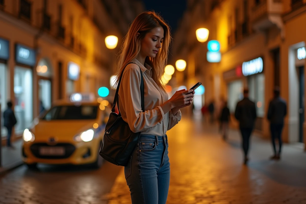 Jeune femme bien organisée qui rentre en taxi après une soirée en boîte de nuit à Perpignan