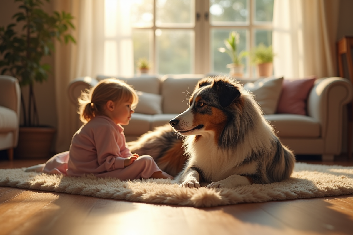 Chien australien âgé reposant avec un enfant dans un salon chaleureux