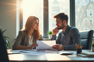 Deux personnes discutent de documents immobiliers dans un bureau lumineux