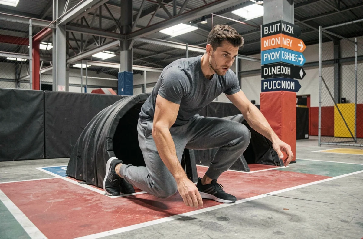 Joueur en tenue sportive franchissant un obstacle dans le parcours d'action immersif Rush Action Game à Dijon