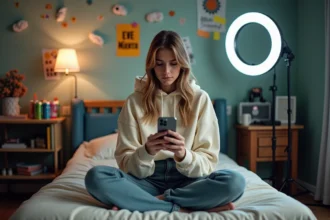 Jeune femme épuisée entre deux prises TikTok dans une chambre encombrée de matériel de tournage, regard vide sur son téléphone