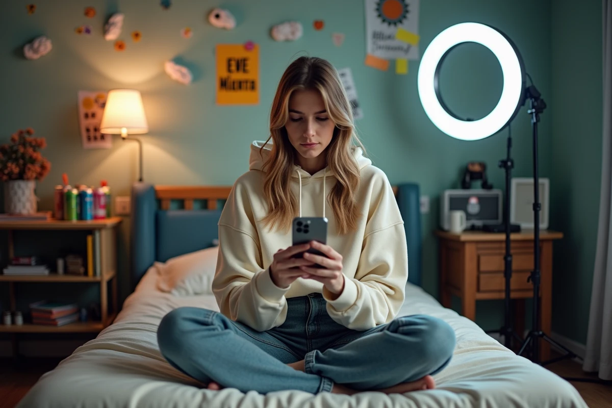 Jeune femme épuisée entre deux prises TikTok dans une chambre encombrée de matériel de tournage, regard vide sur son téléphone