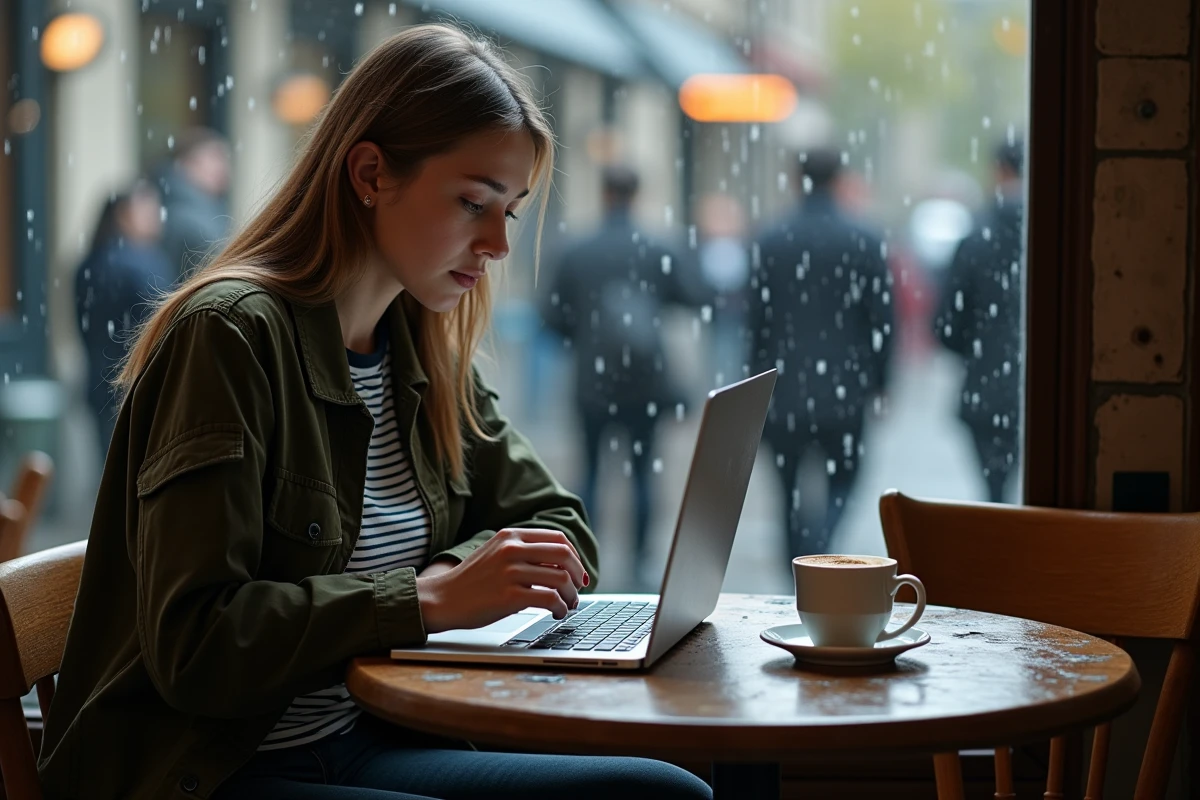 Créatrice TikTok seule dans un café devant ses statistiques sur un ordinateur portable, sous la pluie, moment de doute et de solitude numérique