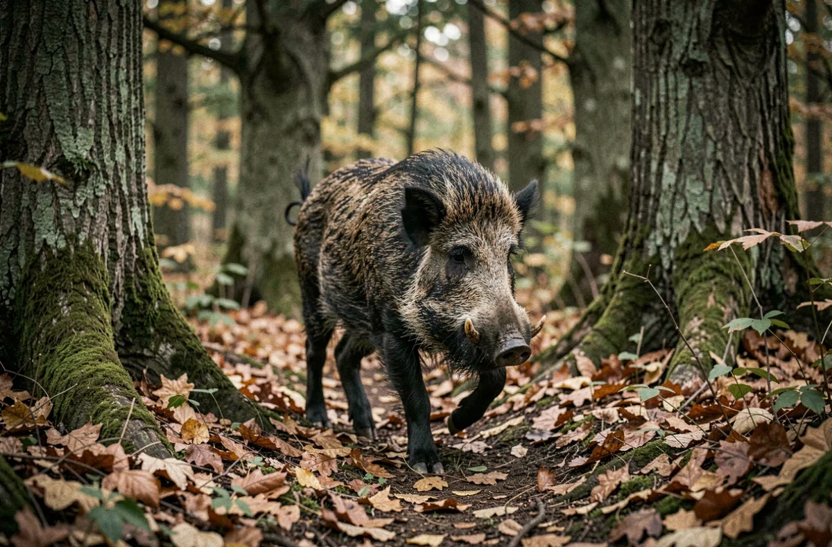 Sanglier sauvage en forêt française traversant un sous-bois de chênes couverts de mousse, photo documentaire réaliste