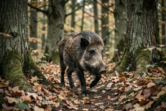 Sanglier sauvage en forêt française traversant un sous-bois de chênes couverts de mousse, photo documentaire réaliste