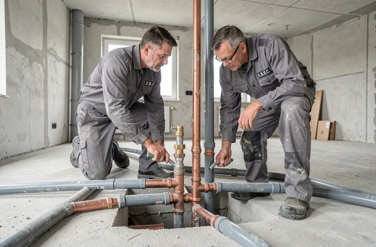 Deux plombiers de S.B.E.C. travaillant ensemble sur un chantier de plomberie à Brest