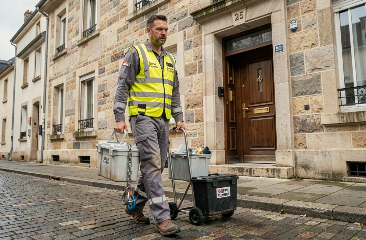 Plombier de Servi Express Plomberie arrivant en urgence avec ses outils devant un immeuble résidentiel à Brest