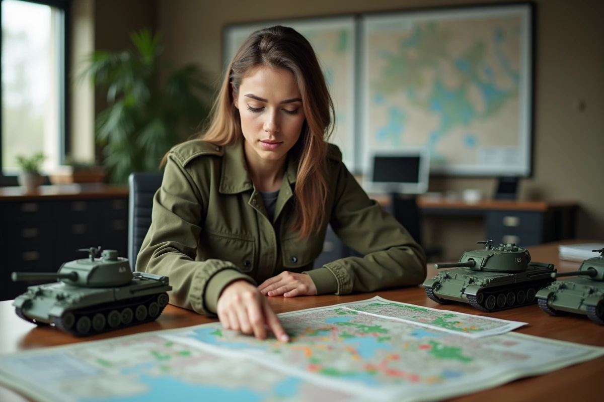 Jeune femme stratège militaire analysant des cartes et modèles de tank