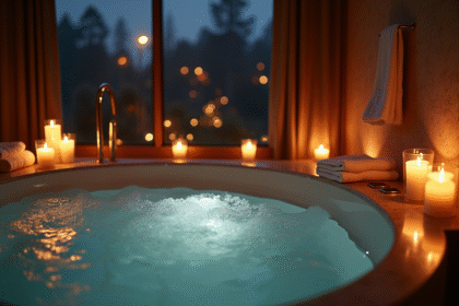 Suite spa privée luxueuse la nuit avec baignoire moderne