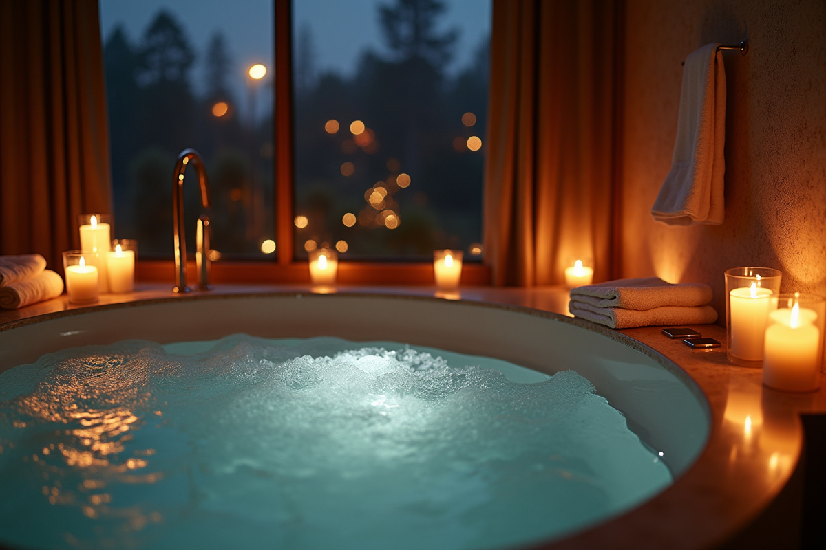 Suite spa privée luxueuse la nuit avec baignoire moderne