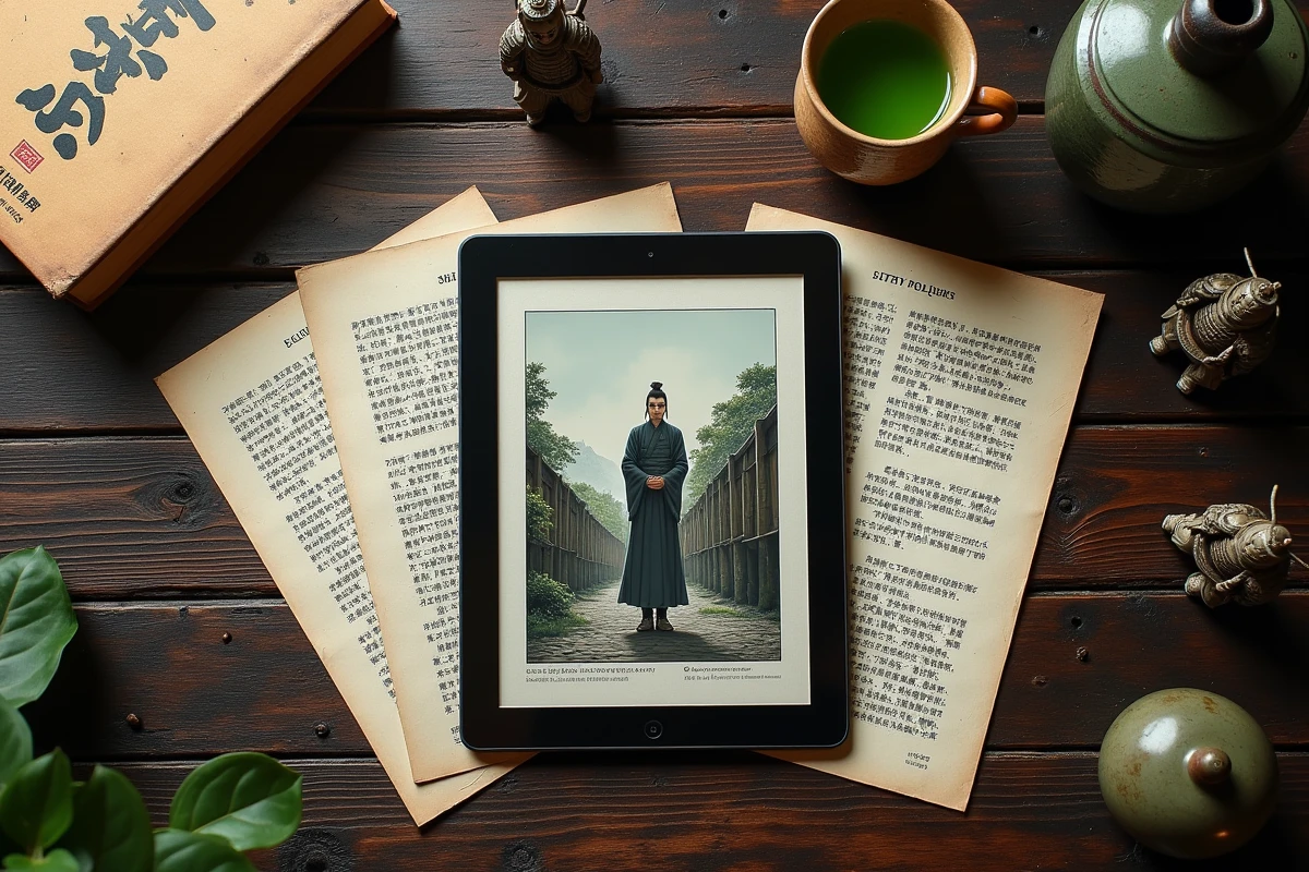 Tablette et scans de manhwa entourés d'accessoires de lecture asiatique – alternatives légales et traductions françaises