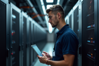 Technicien homme inspectant serveurs dans centre data