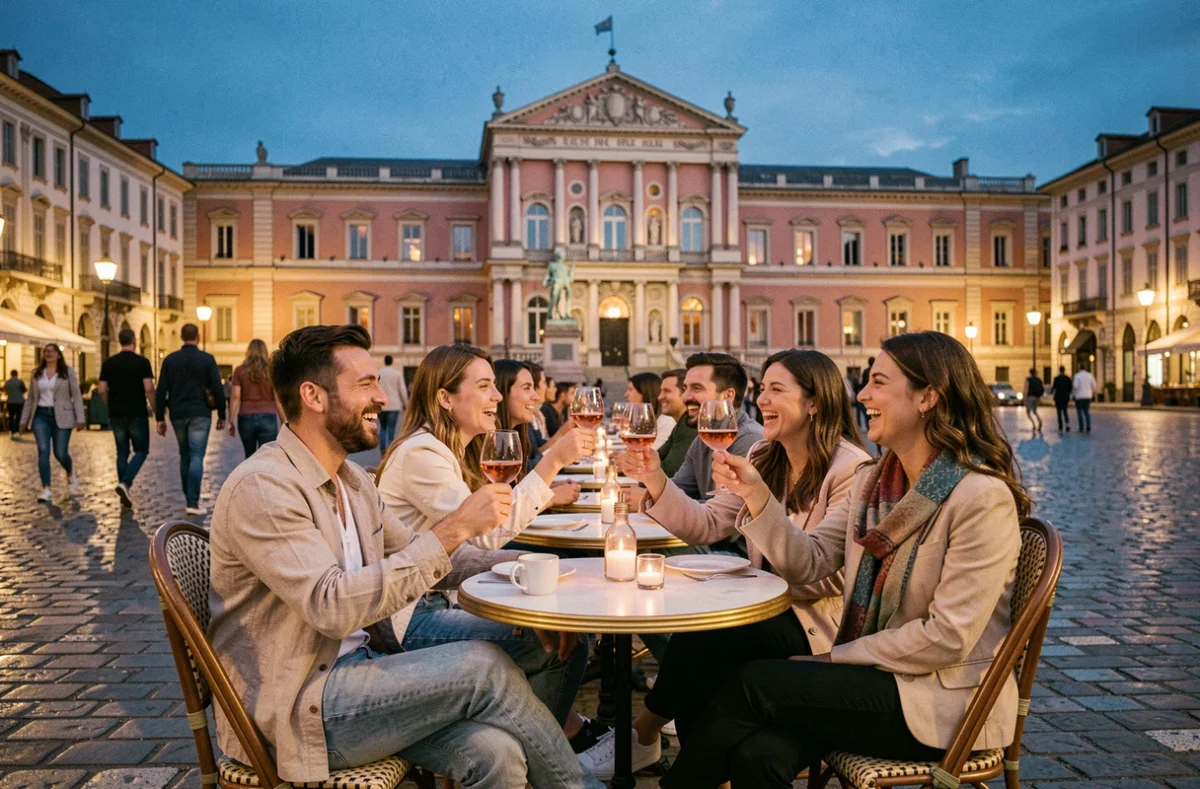 Groupe d'amis en terrasse sur la Place du Capitole à Toulouse lors d'une sortie du weekend