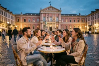 Groupe d'amis en terrasse sur la Place du Capitole à Toulouse lors d'une sortie du weekend