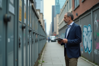 Urbaniste observant des armoires télécoms obsolètes en ville