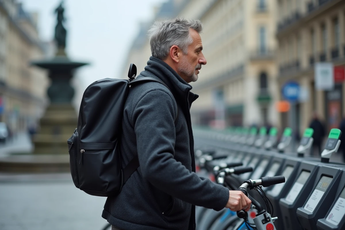 Homme déverrouillant un vélo Vélib' à Paris comme itinéraire alternatif suite à la fermeture de la ligne 10 du métro