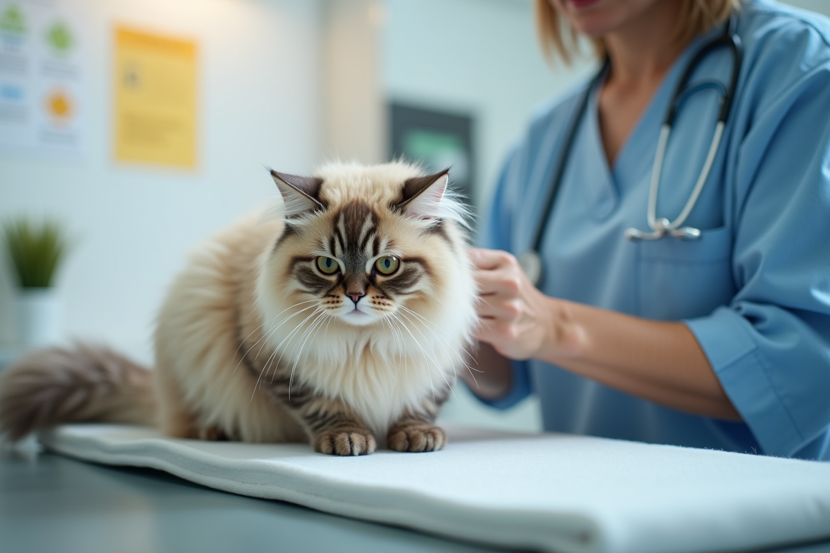 Vétérinaire examinant un chat hypoallergenique en clinique