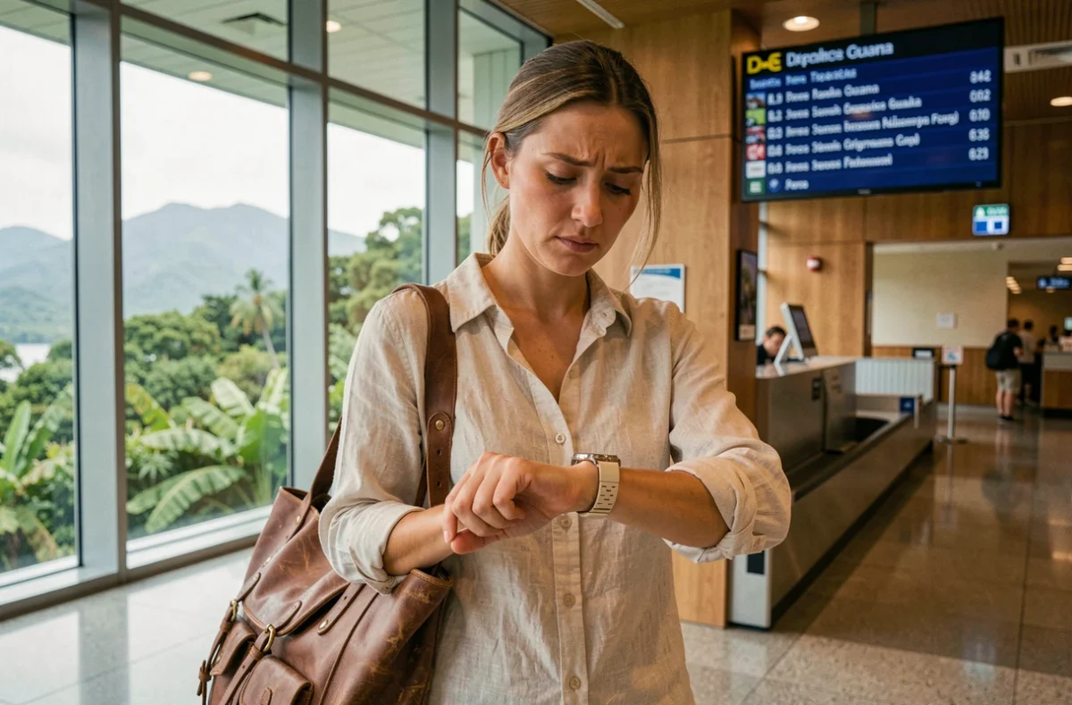 Voyageuse consultant sa montre à son arrivée dans un aéroport en Guyane française avec vue sur la forêt tropicale